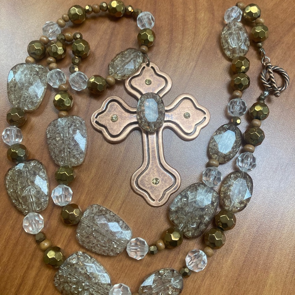 Montana West Gold, Clear and Copper Beaded Cross Necklace